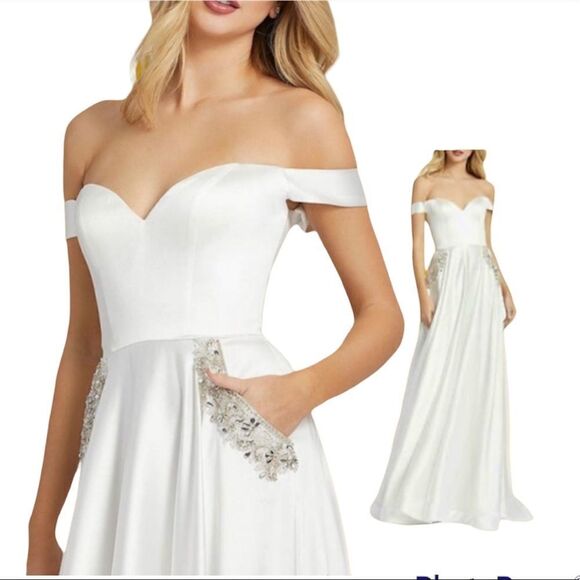 BRIDAL Gown Ieena for Mac Duggal OFF THE SHOULDER EMBELLISHED SATIN  Size 2 NWT - Picture 1 of 11